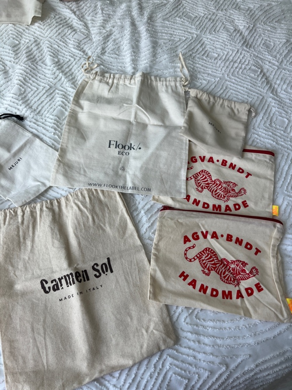Carmen Sol & Flook Drawstring Dust Bags - Natural Canvas with Red Print